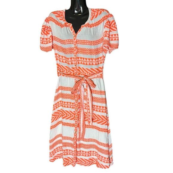 DRA Sera Orange & White Aztec Print Button Down Lined Short Sleeve MIDI Dress Sz - Picture 2 of 7